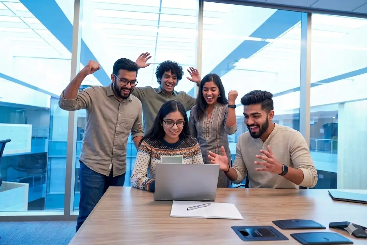 Students celebrating success at laptop